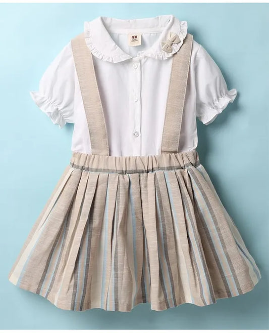 ToffyHouse Cotton Woven Puffed Sleeves Striped Frock With Bow Applique - Beige