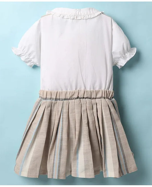 ToffyHouse Cotton Woven Puffed Sleeves Striped Frock With Bow Applique - Beige