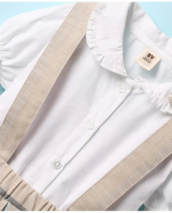ToffyHouse Cotton Woven Puffed Sleeves Striped Frock With Bow Applique - Beige