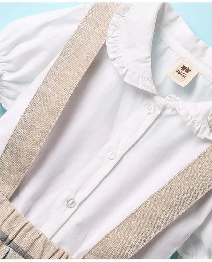 ToffyHouse Cotton Woven Puffed Sleeves Striped Frock With Bow Applique - Beige