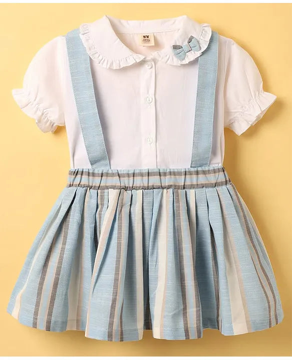 ToffyHouse Cotton Woven Puffed Sleeves Striped Frock With Bow Applique - Sky Blue