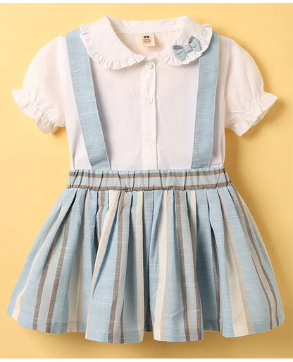 ToffyHouse Cotton Woven Puffed Sleeves Striped Frock With Bow Applique - Sky Blue