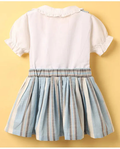 ToffyHouse Cotton Woven Puffed Sleeves Striped Frock With Bow Applique - Sky Blue