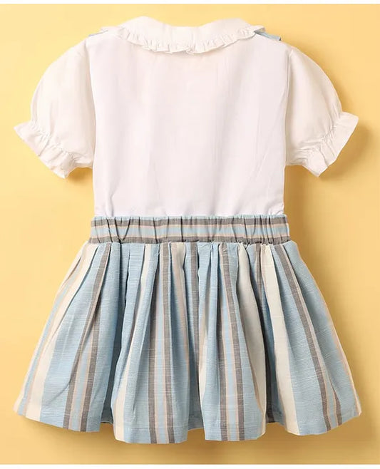 ToffyHouse Cotton Woven Puffed Sleeves Striped Frock With Bow Applique - Sky Blue