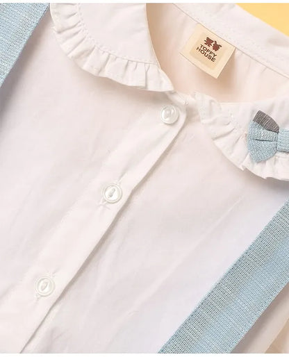 ToffyHouse Cotton Woven Puffed Sleeves Striped Frock With Bow Applique - Sky Blue