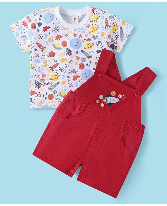 ToffyHouse  Half Sleeves T-Shirt & Dungaree Set with Space Theme Print & Embroidery - Red & White