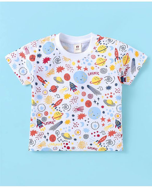 ToffyHouse  Half Sleeves T-Shirt & Dungaree Set with Space Theme Print & Embroidery - Red & White