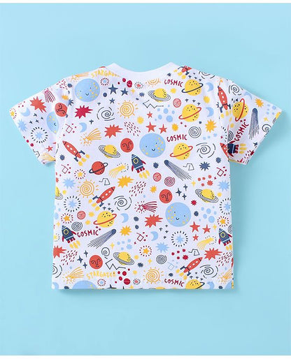 ToffyHouse  Half Sleeves T-Shirt & Dungaree Set with Space Theme Print & Embroidery - Red & White