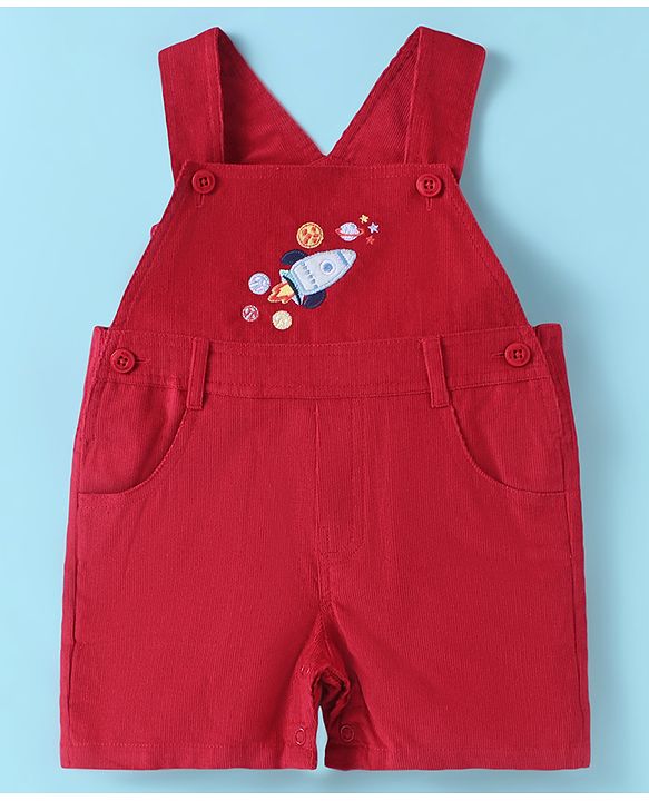 ToffyHouse  Half Sleeves T-Shirt & Dungaree Set with Space Theme Print & Embroidery - Red & White