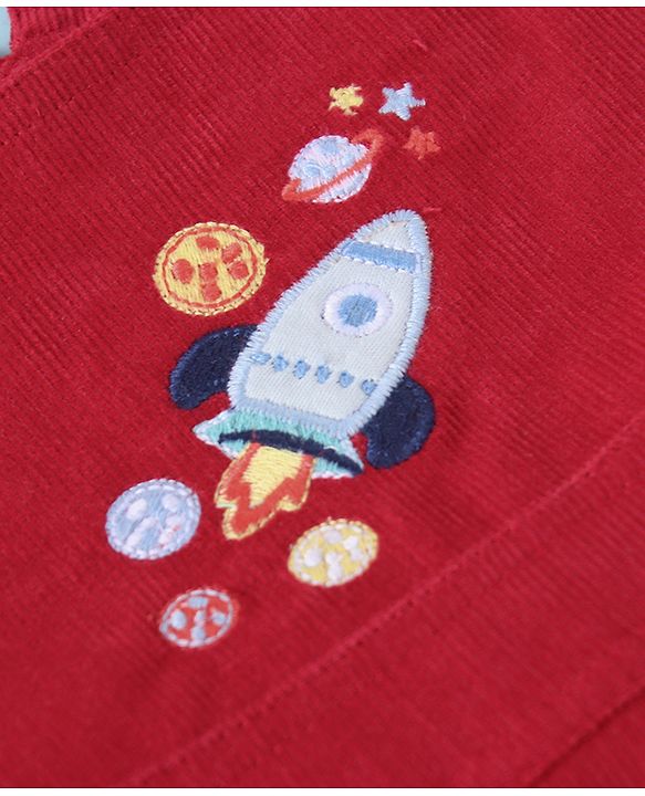 ToffyHouse  Half Sleeves T-Shirt & Dungaree Set with Space Theme Print & Embroidery - Red & White