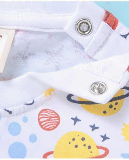 ToffyHouse  Half Sleeves T-Shirt & Dungaree Set with Space Theme Print & Embroidery - Red & White