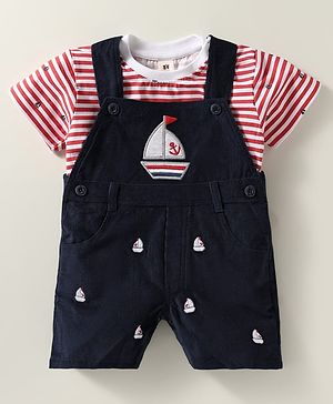 ToffyHouse Dungaree & Half Sleeves Striped T-Shirt With Boat Embroidery - Navy Blue