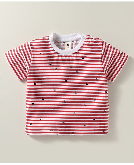 ToffyHouse Dungaree & Half Sleeves Striped T-Shirt With Boat Embroidery - Navy Blue