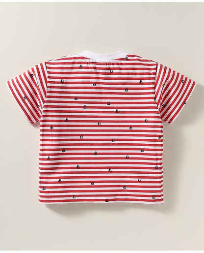 ToffyHouse Dungaree & Half Sleeves Striped T-Shirt With Boat Embroidery - Navy Blue