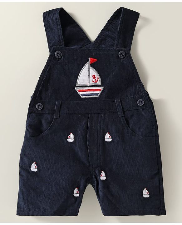 ToffyHouse Dungaree & Half Sleeves Striped T-Shirt With Boat Embroidery - Navy Blue