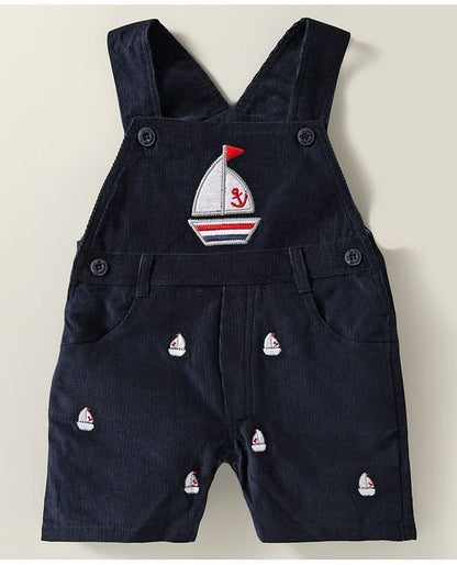 ToffyHouse Dungaree & Half Sleeves Striped T-Shirt With Boat Embroidery - Navy Blue