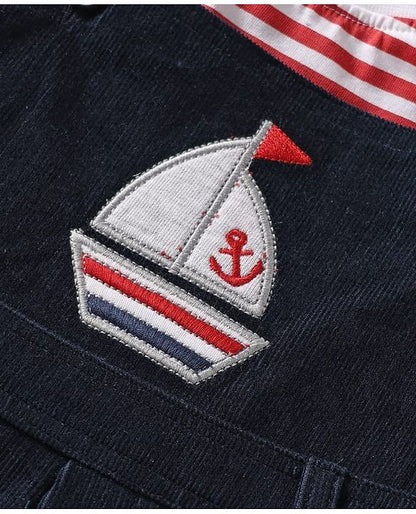 ToffyHouse Dungaree & Half Sleeves Striped T-Shirt With Boat Embroidery - Navy Blue