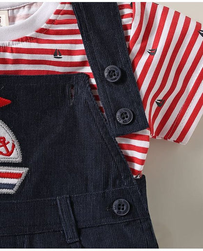 ToffyHouse Dungaree & Half Sleeves Striped T-Shirt With Boat Embroidery - Navy Blue
