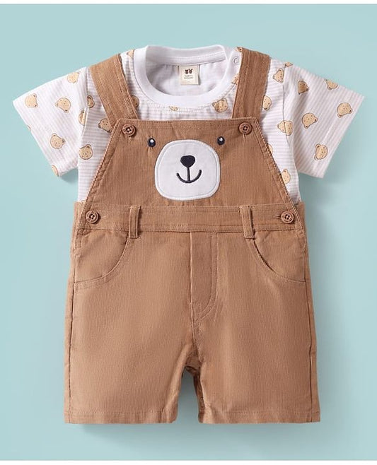 ToffyHouse Half Sleeves T-Shirt & Dungaree - Light Brown