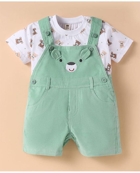 ToffyHouse  Half Sleeves T-Shirt & Dungree with Bear Print & Applique - Mint