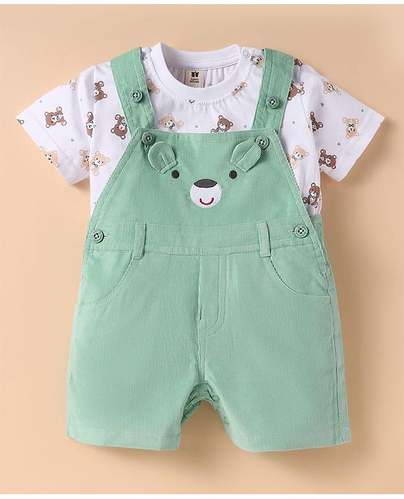 ToffyHouse  Half Sleeves T-Shirt & Dungree with Bear Print & Applique - Mint