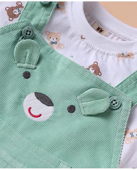 ToffyHouse  Half Sleeves T-Shirt & Dungree with Bear Print & Applique - Mint