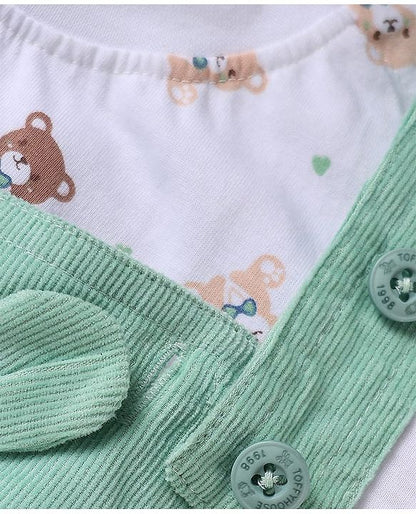 ToffyHouse  Half Sleeves T-Shirt & Dungree with Bear Print & Applique - Mint