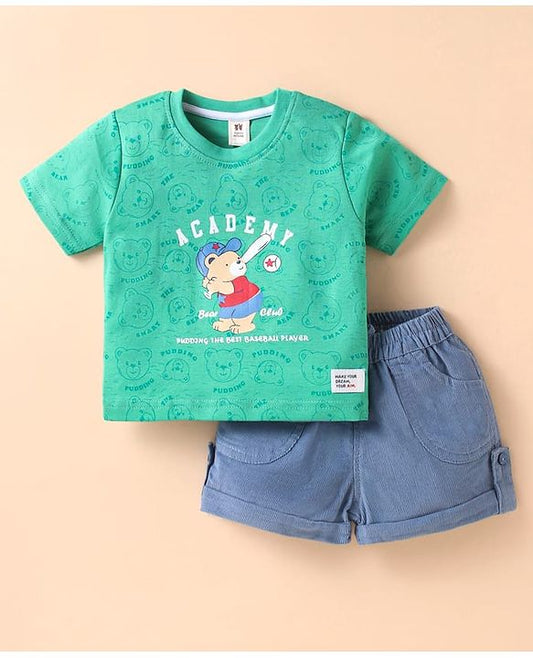 ToffyHouse Half Sleeves T-Shirt & Shorts Set With Teddy Bear Print - Green
