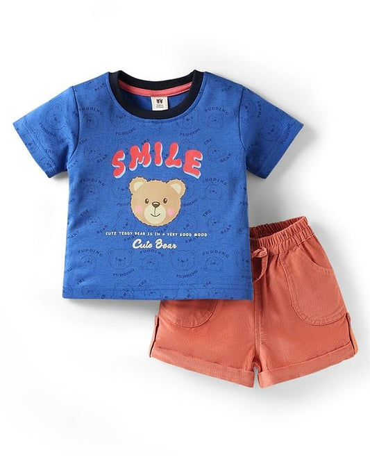 ToffyHouse Half Sleeves T-Shirt and Shorts Set with Bear Print - Royal Blue