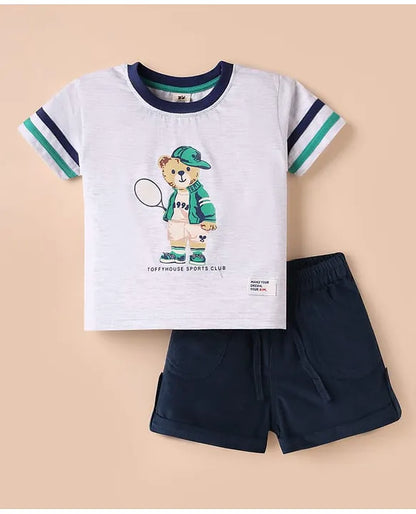 ToffyHouse Knitted Half Sleeves T-Shirt & Shorts Set with Bear Print & Tape Detailing - White & Navy Blue
