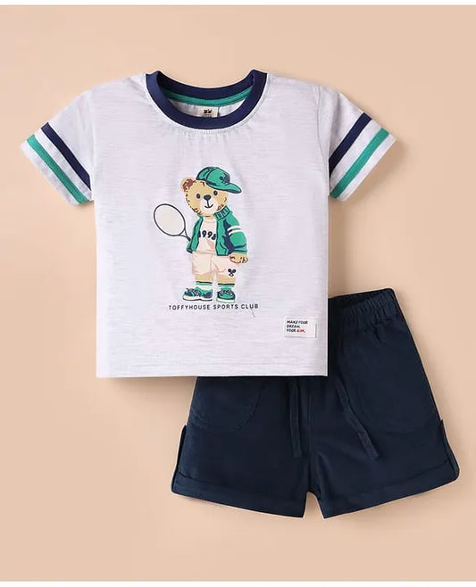 ToffyHouse Knitted Half Sleeves T-Shirt & Shorts Set with Bear Print & Tape Detailing - White & Navy Blue