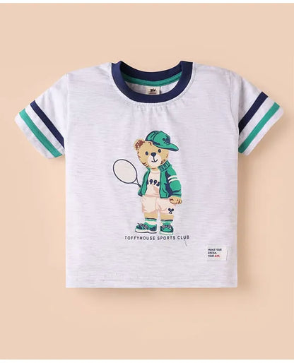 ToffyHouse Knitted Half Sleeves T-Shirt & Shorts Set with Bear Print & Tape Detailing - White & Navy Blue