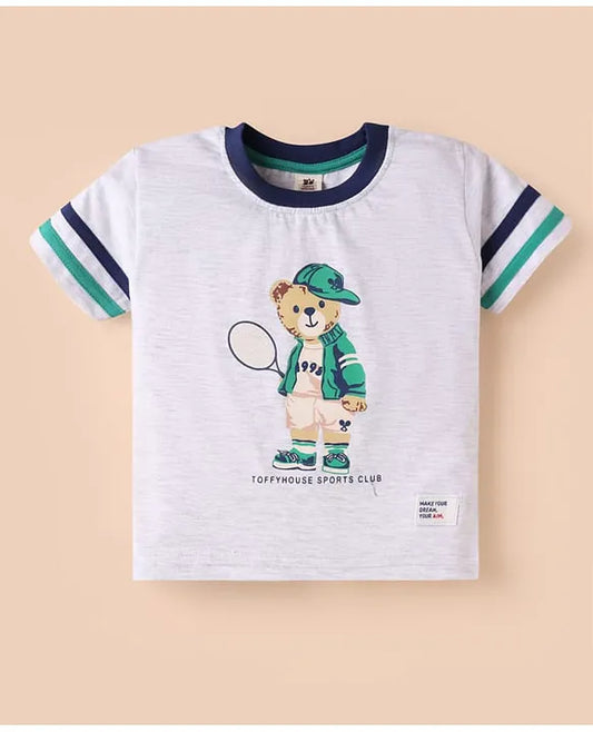 ToffyHouse Knitted Half Sleeves T-Shirt & Shorts Set with Bear Print & Tape Detailing - White & Navy Blue