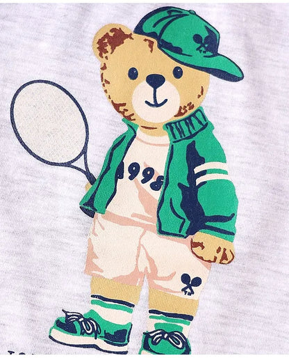 ToffyHouse Knitted Half Sleeves T-Shirt & Shorts Set with Bear Print & Tape Detailing - White & Navy Blue