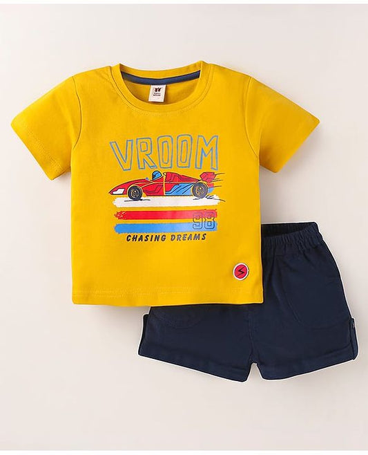 ToffyHouse  Half Sleeves T-Shirt & Shorts With Sports Car Print - Yellow & Navy
