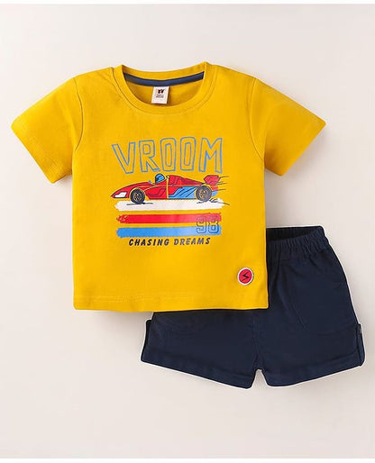 ToffyHouse  Half Sleeves T-Shirt & Shorts With Sports Car Print - Yellow & Navy