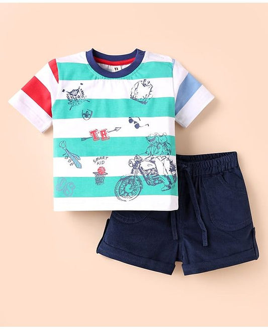 ToffyHouse  Half Sleeves T-Shirt & Shorts Set Vehicle Print - Navy Blue Light Green & Light Blue