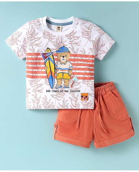 ToffyHouse  Half Sleeves T-Shirt & Shorts Set With Teddy Bear Print - White & Orange