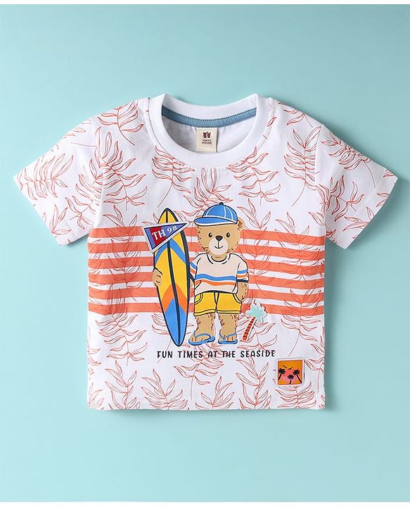 ToffyHouse  Half Sleeves T-Shirt & Shorts Set With Teddy Bear Print - White & Orange