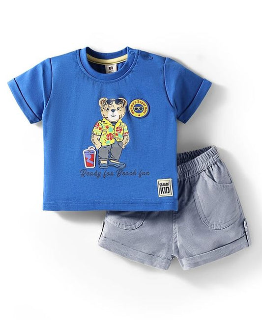 ToffyHouse Half Sleeves Beach Theme T-Shirt & Shorts Set - Royal Blue & Grey