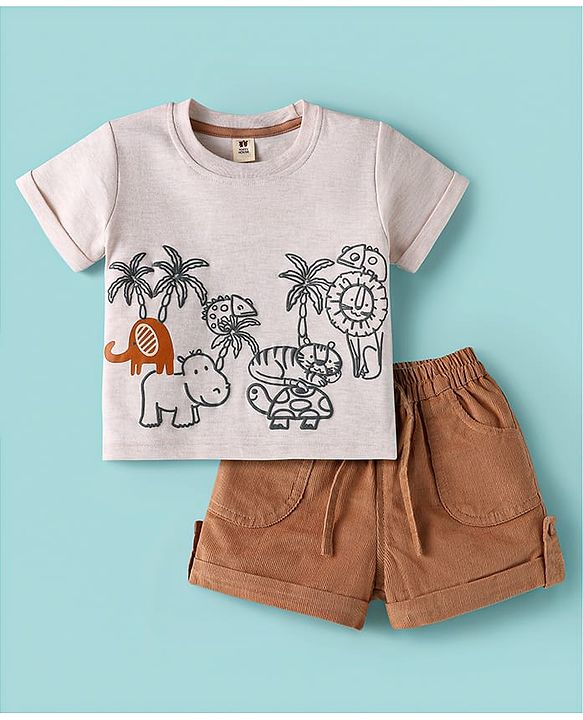 ToffyHouse Half Sleeves  Set with Jungle Theme Puffed Print - Brown & Beige
