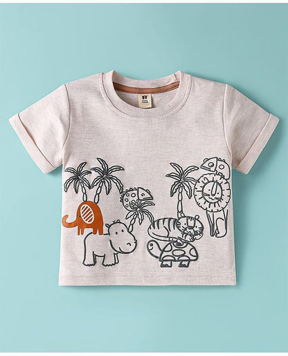 ToffyHouse Half Sleeves  Set with Jungle Theme Puffed Print - Brown & Beige