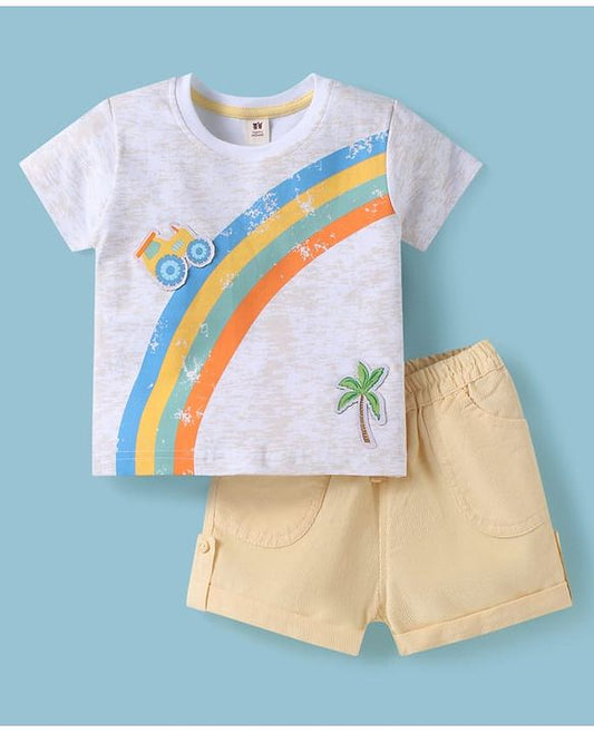 ToffyHouse Half Sleeves T-Shirt & Shorts Set with Vehicle Print - Beige & White