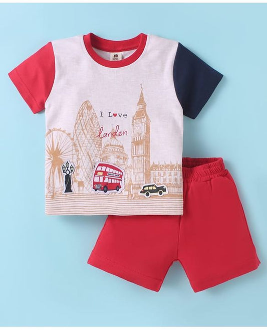 ToffyHouse  Half Sleeves T-Shirt & Shorts Set With London Print - Red