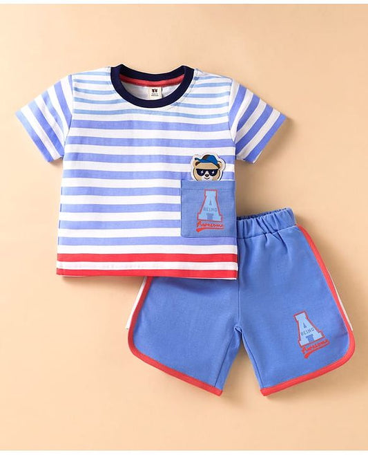 ToffyHouse  Half Sleeves Striped T-Shirt & Shorts Set  - Light Blue