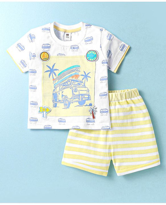 ToffyHouse Half Sleeves T-Shirt & Shorts Set with Vehicle Print - White & Yellow