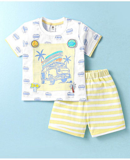 ToffyHouse Half Sleeves T-Shirt & Shorts Set with Vehicle Print - White & Yellow