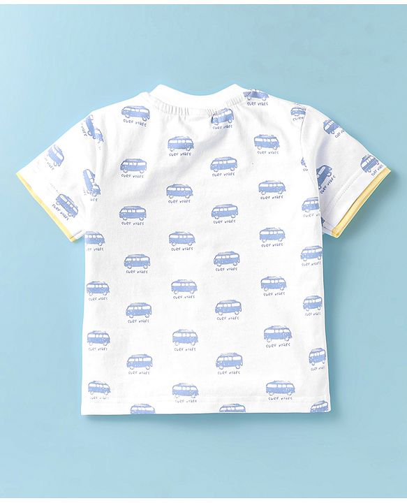 ToffyHouse Half Sleeves T-Shirt & Shorts Set with Vehicle Print - White & Yellow