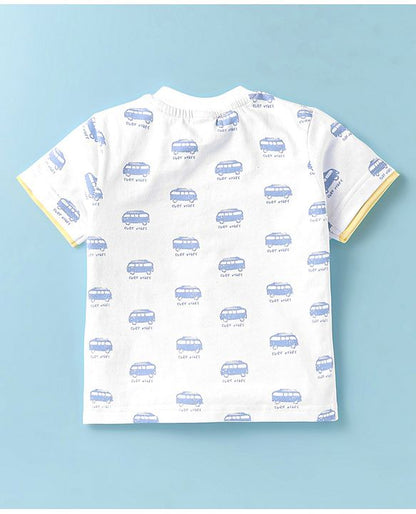 ToffyHouse Half Sleeves T-Shirt & Shorts Set with Vehicle Print - White & Yellow