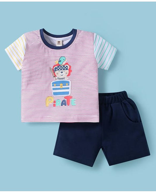 ToffyHouse Half Sleeves T-Shirt & Shorts Set with Stripe & Teddy Print - White & Navy Blue